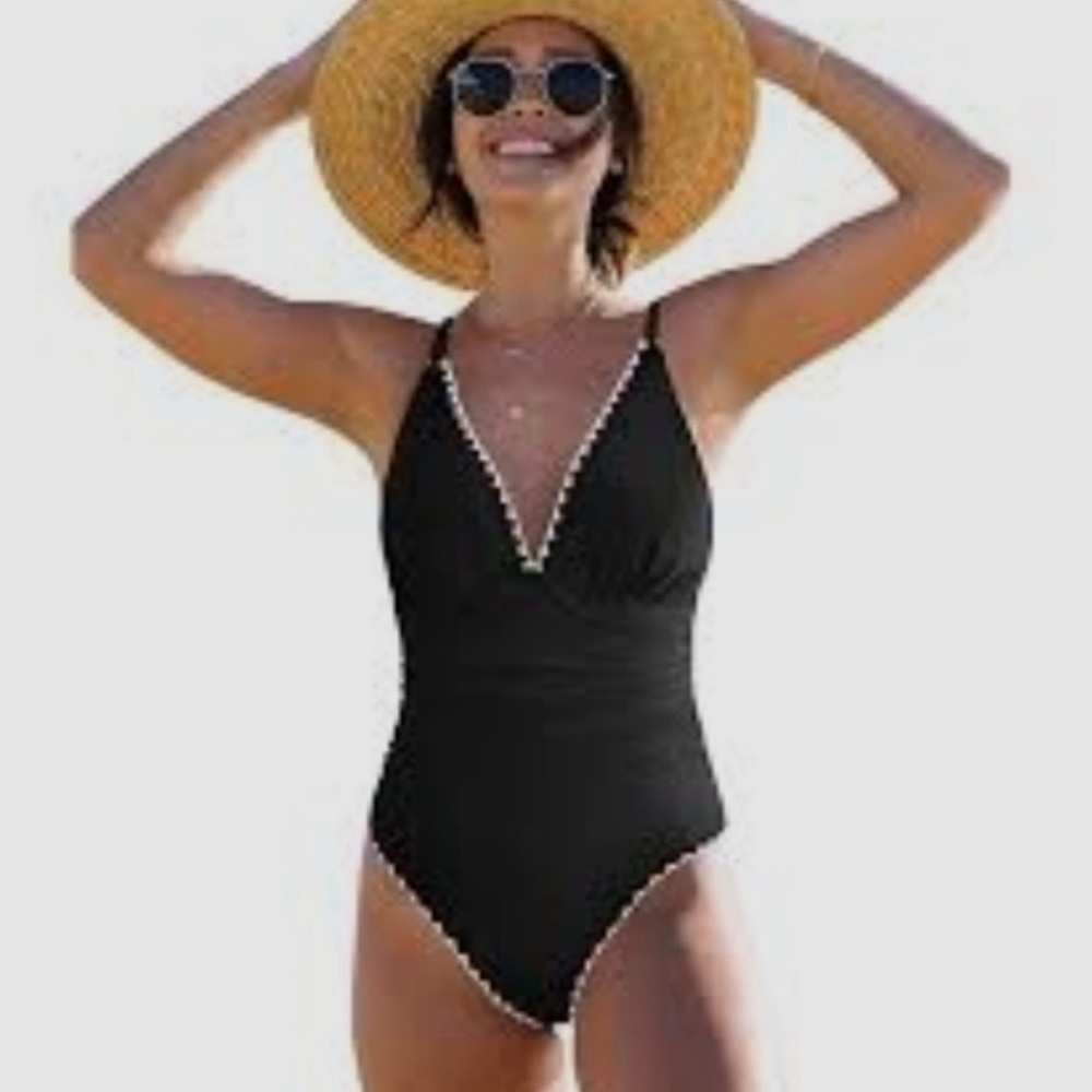 🦄 Sporlike Black One-Piece Swimsuit with White Trim - NWT